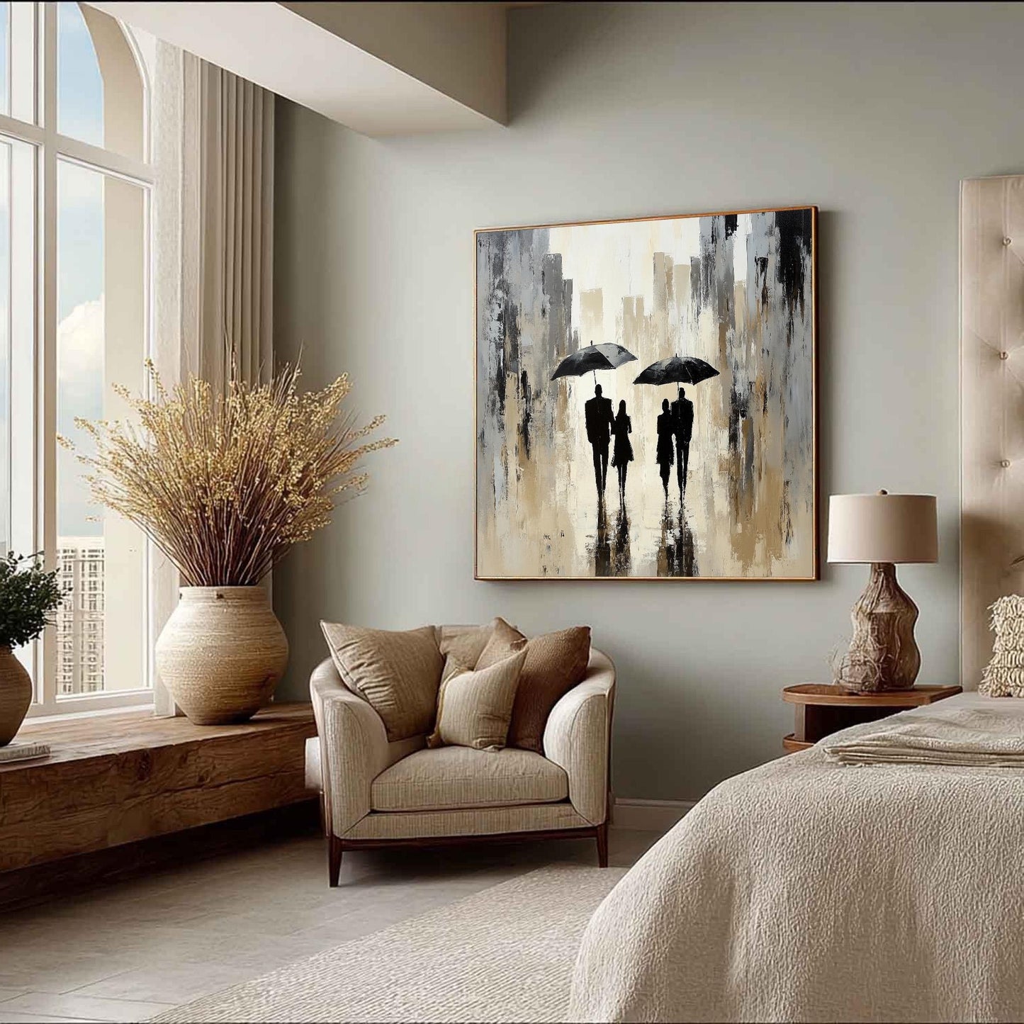 Textured Cityscape Painting, Couple with Umbrellas, Abstract Wall Art, Neutral Decor – Black and White Couple Figure Portrait