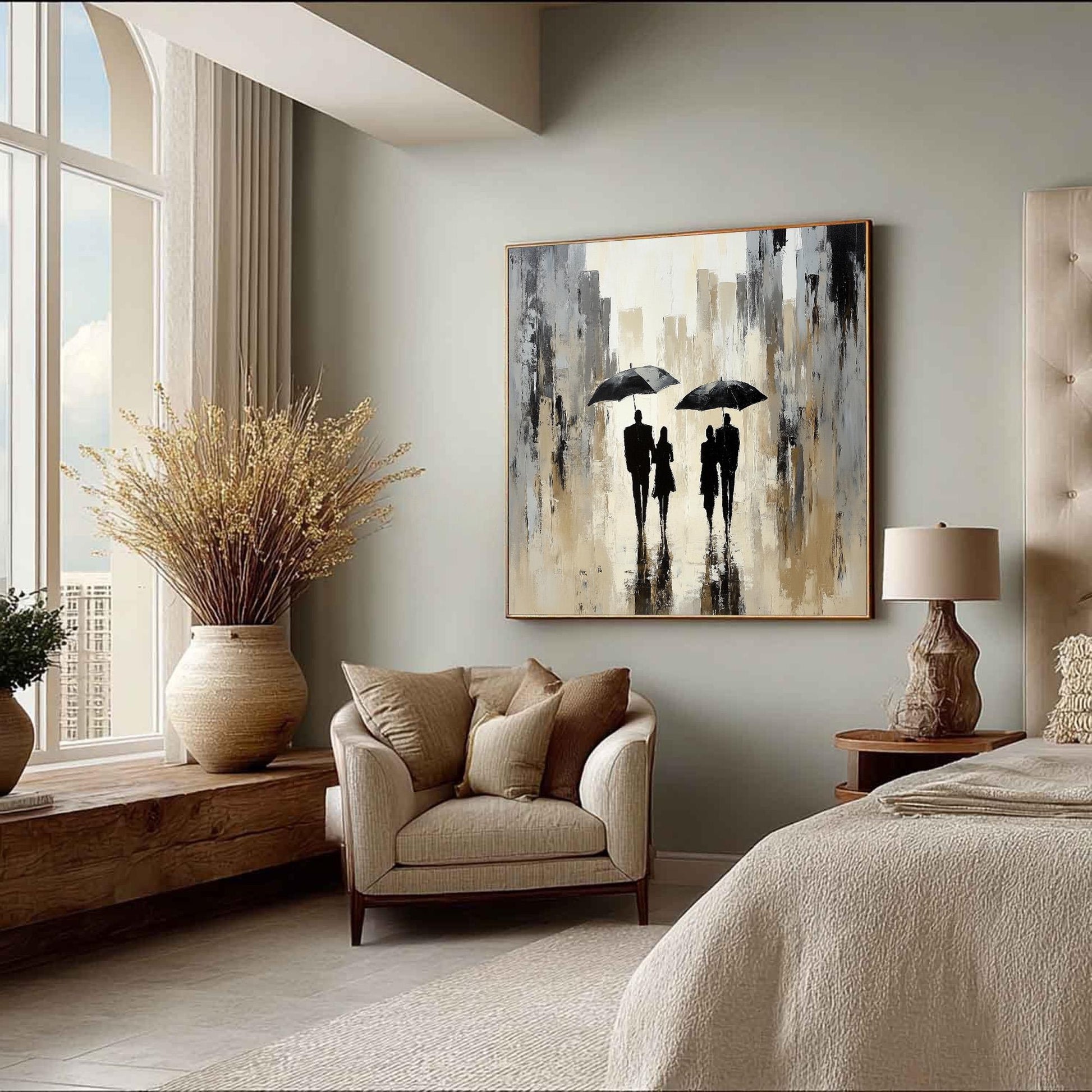 Textured Cityscape Painting, Couple with Umbrellas, Abstract Wall Art, Neutral Decor – Black and White Couple Figure Portrait