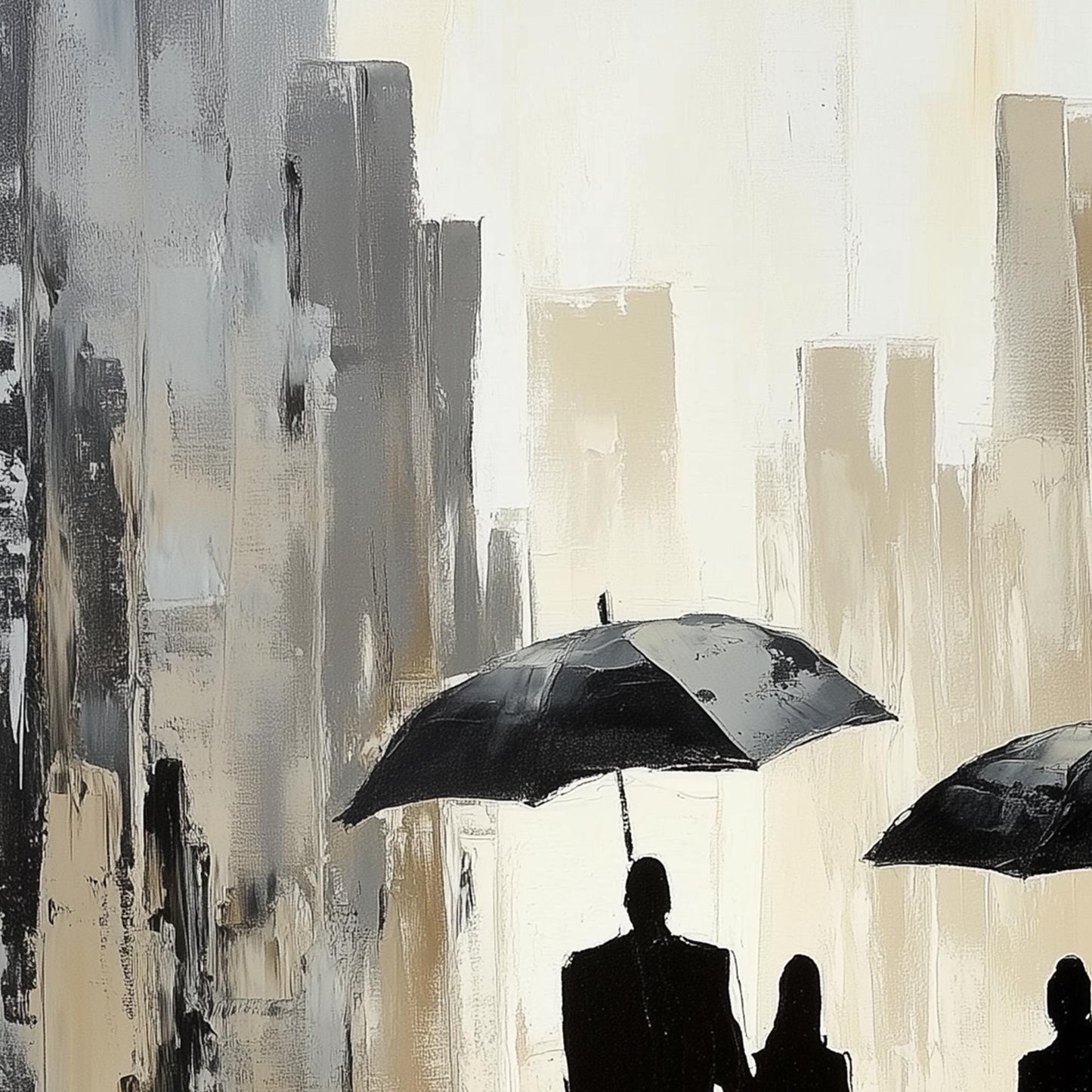 Textured Cityscape Painting with Couple and Umbrellas – Abstract Figure Portrait Wall Art