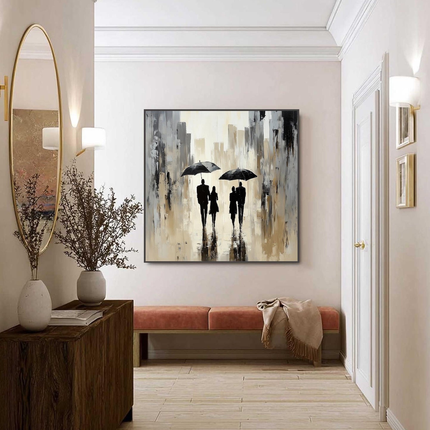 Textured Cityscape Painting with Couple and Umbrellas – Abstract Figure Portrait Wall Art