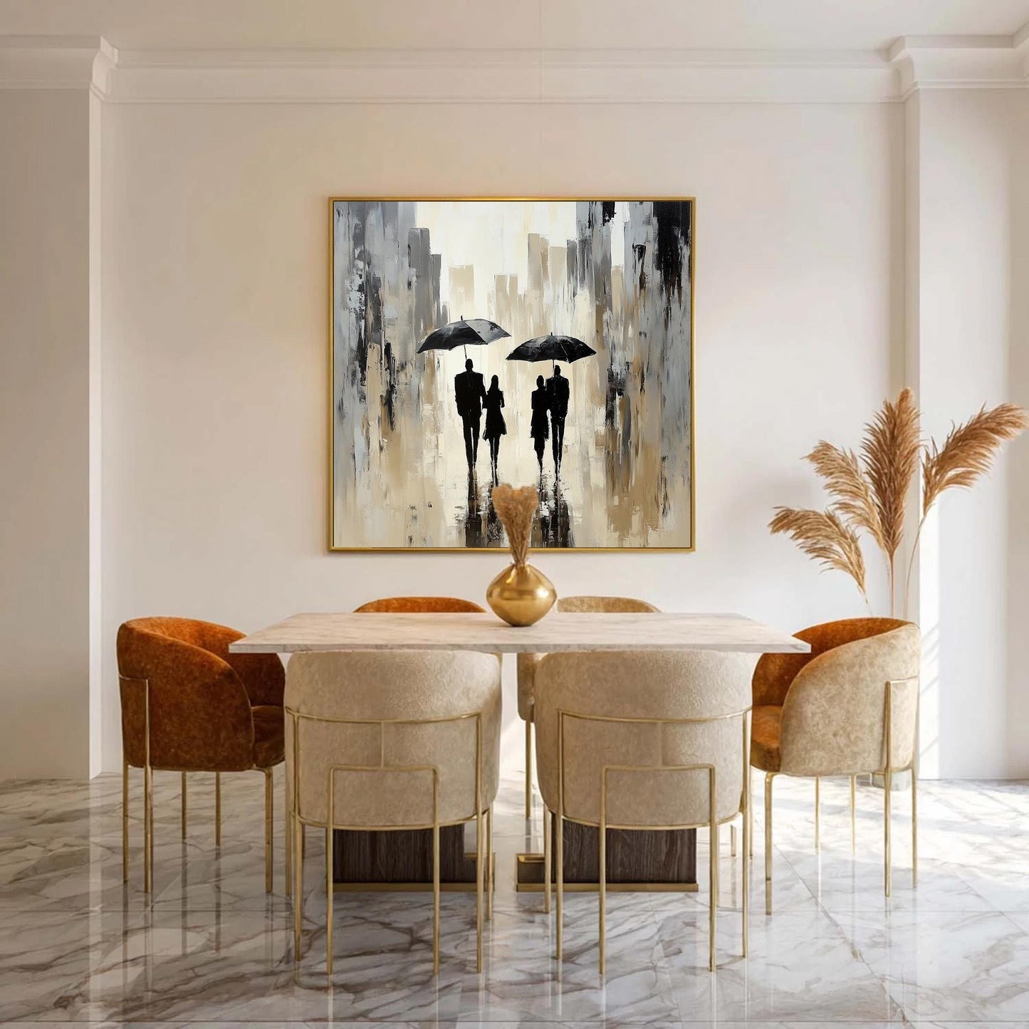 Textured Cityscape Painting with Couple and Umbrellas – Abstract Figure Portrait Wall Art