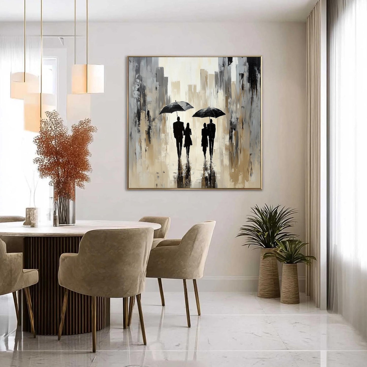 Textured Cityscape Painting, Couple with Umbrellas, Abstract Wall Art, Neutral Decor – Black and White Couple Figure Portrait
