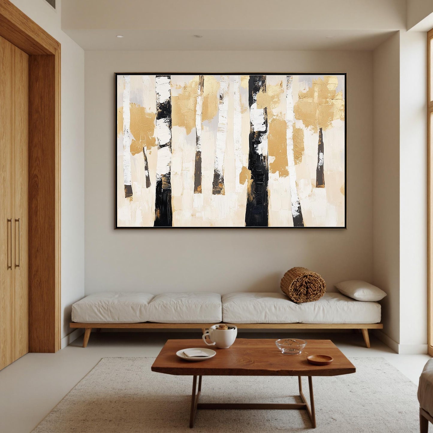 Gold and Black Minimalist Impasto Forest Tree Wall Art