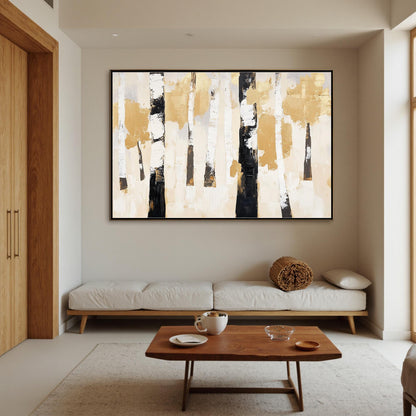 Gold and Black Minimalist Impasto Forest Tree Wall Art