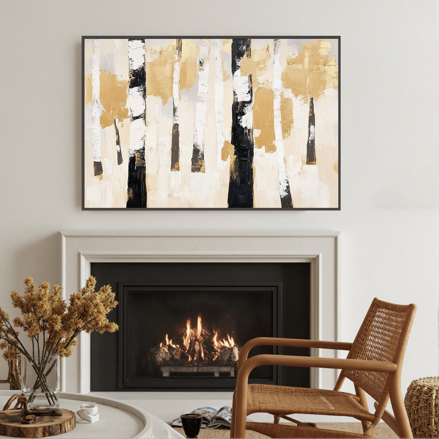 Gold and Black Minimalist Impasto Forest Tree Wall Art