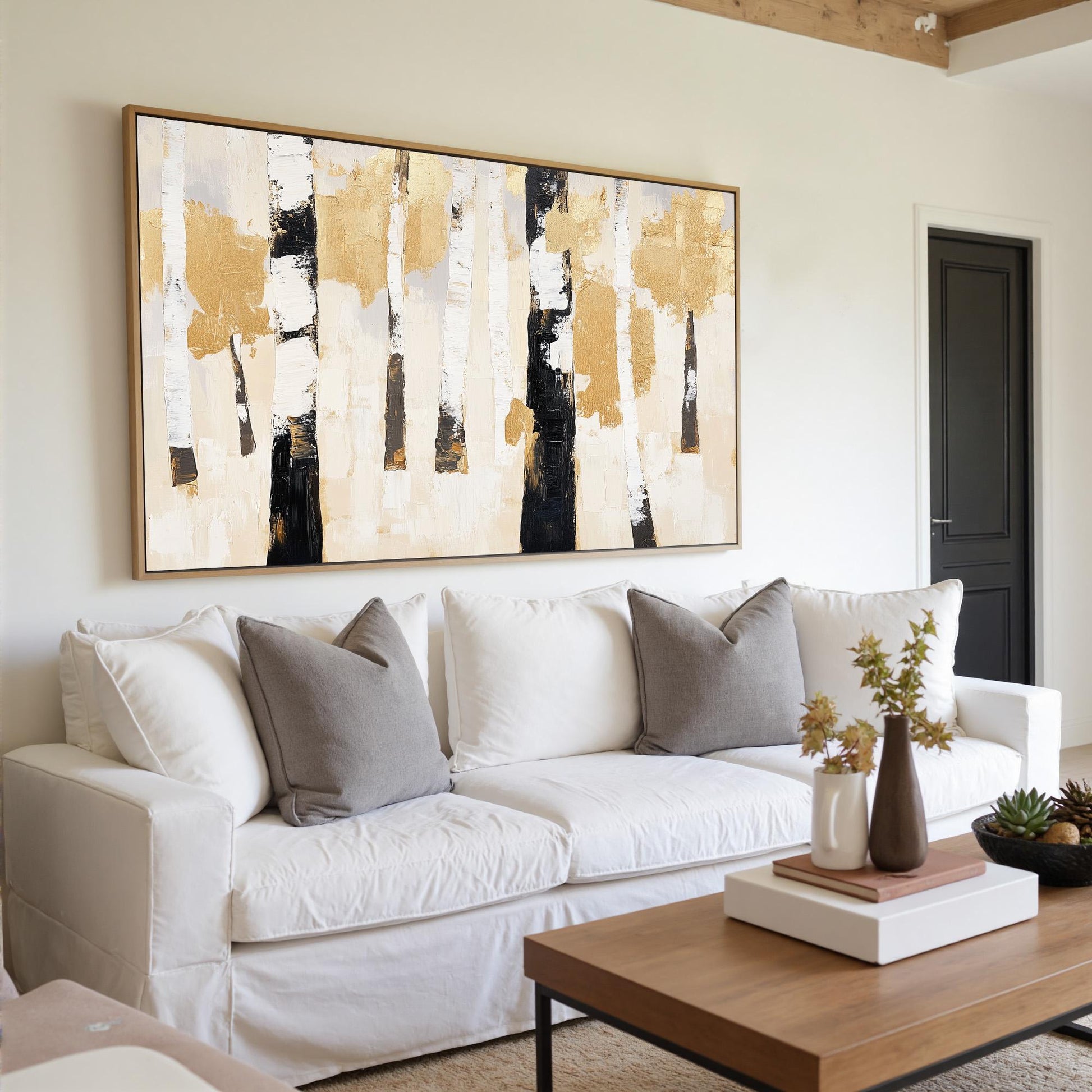 Textured Gold Birch Tree Painting, Abstract Forest Wall Art, Neutral Farmhouse Decor – Gold and Black Forest Tree Wall Art | 
