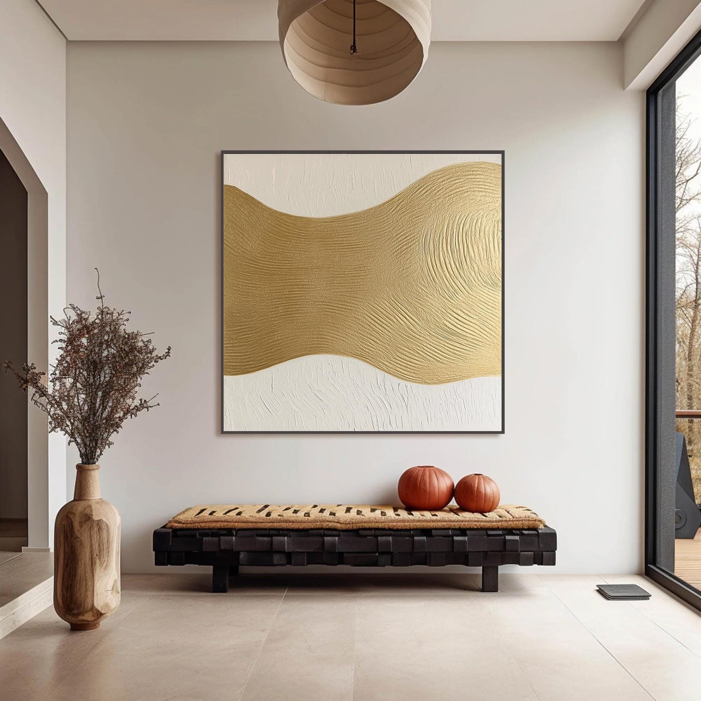 Textured Gold Wavy Abstract Canvas Painting, Minimalist 3D Modern Decor – Gold Abstract Minimalist Wall Art | Textured Painti