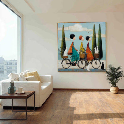 Three Women Riding Bicycles With Their Pets Pastoral Blue Sky Landscape Painting Vintage Style Wall Art Retro Wall Painting