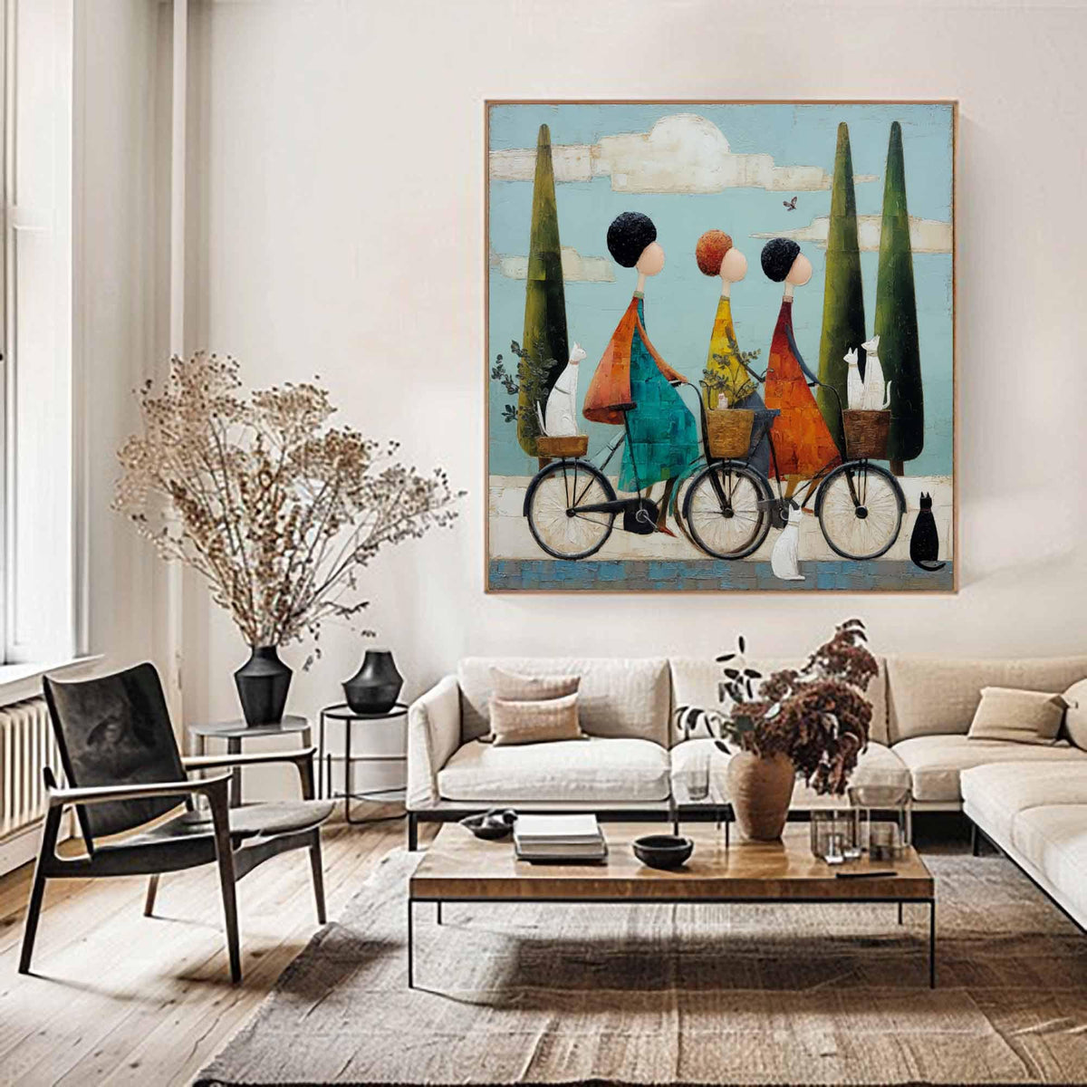 Three Women Riding Bicycles With Their Pets Pastoral Blue Sky Landscape Painting Vintage Style Wall Art Retro Wall Painting