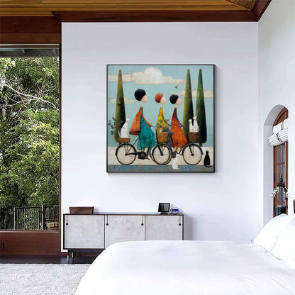 Three Women Riding Bicycles With Their Pets Pastoral Blue Sky Landscape Painting Vintage Style Wall Art Retro Wall Painting