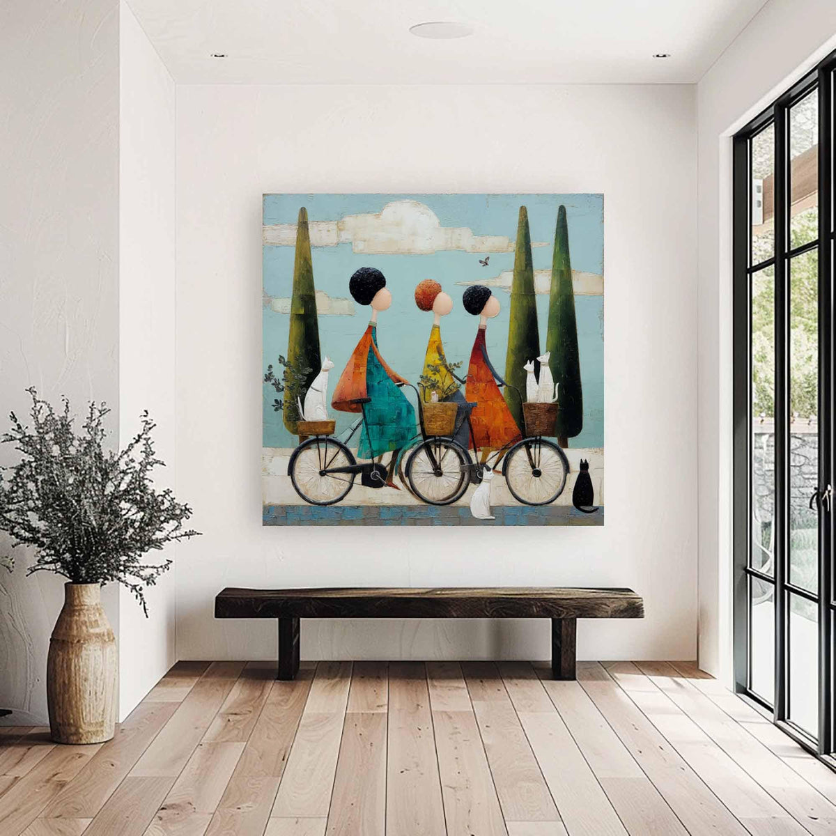 Three Women Riding Bicycles With Their Pets Pastoral Blue Sky Landscape Painting Vintage Style Wall Art Retro Wall Painting