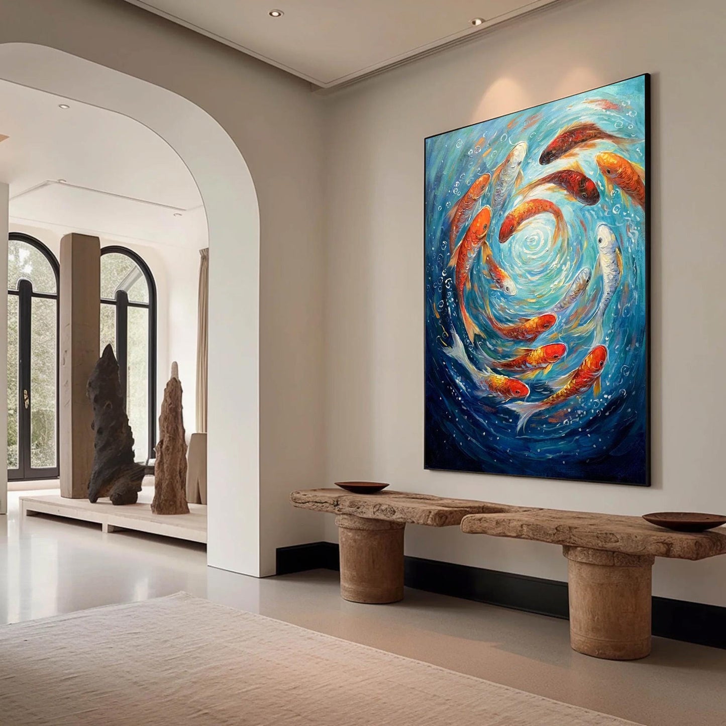 Colorful Abstract Koi Fish Oil Painting – Large Textured Animal Wall Art