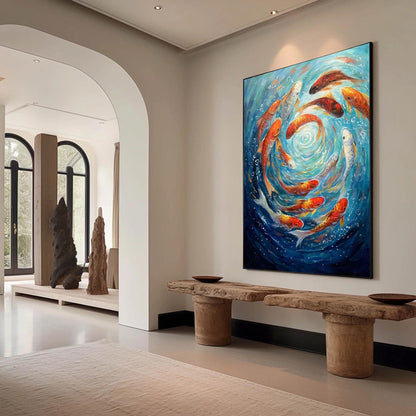 Colorful Abstract Koi Fish Oil Painting – Large Textured Animal Wall Art
