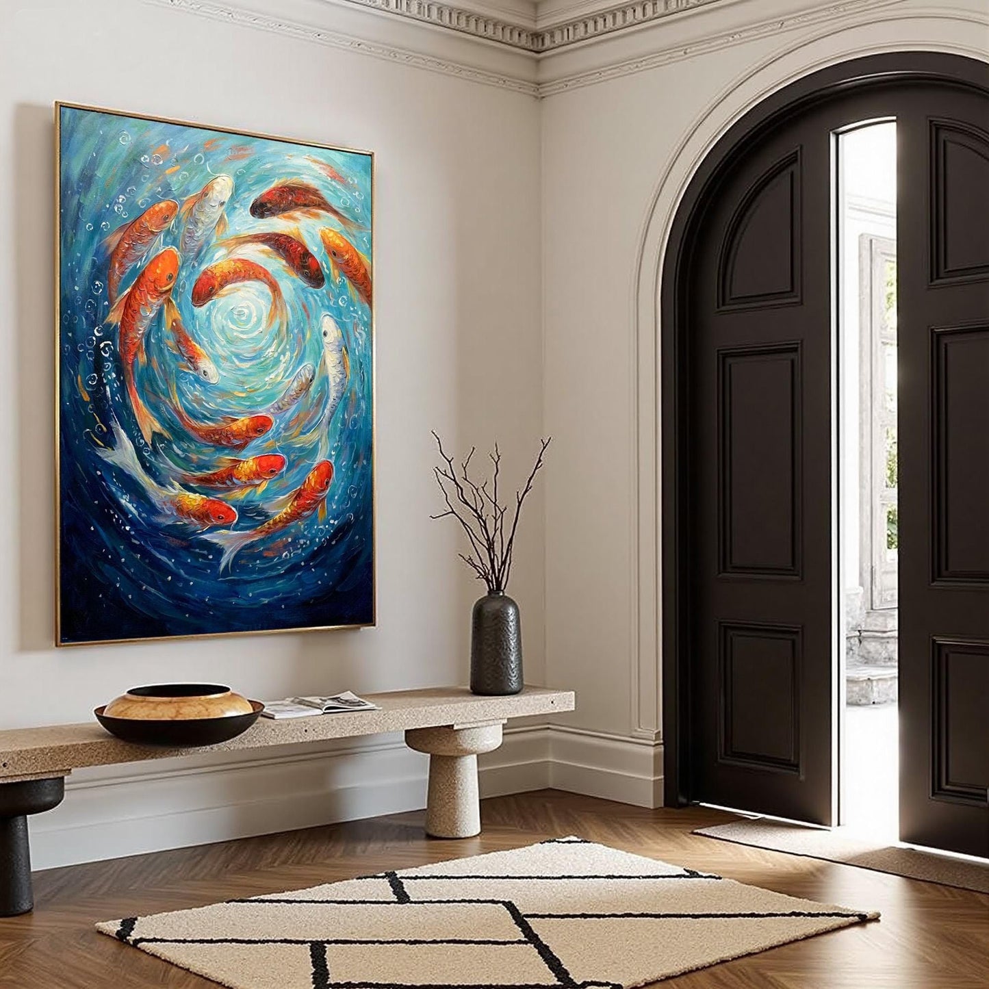 Colorful Abstract Koi Fish Oil Painting – Large Textured Animal Wall Art