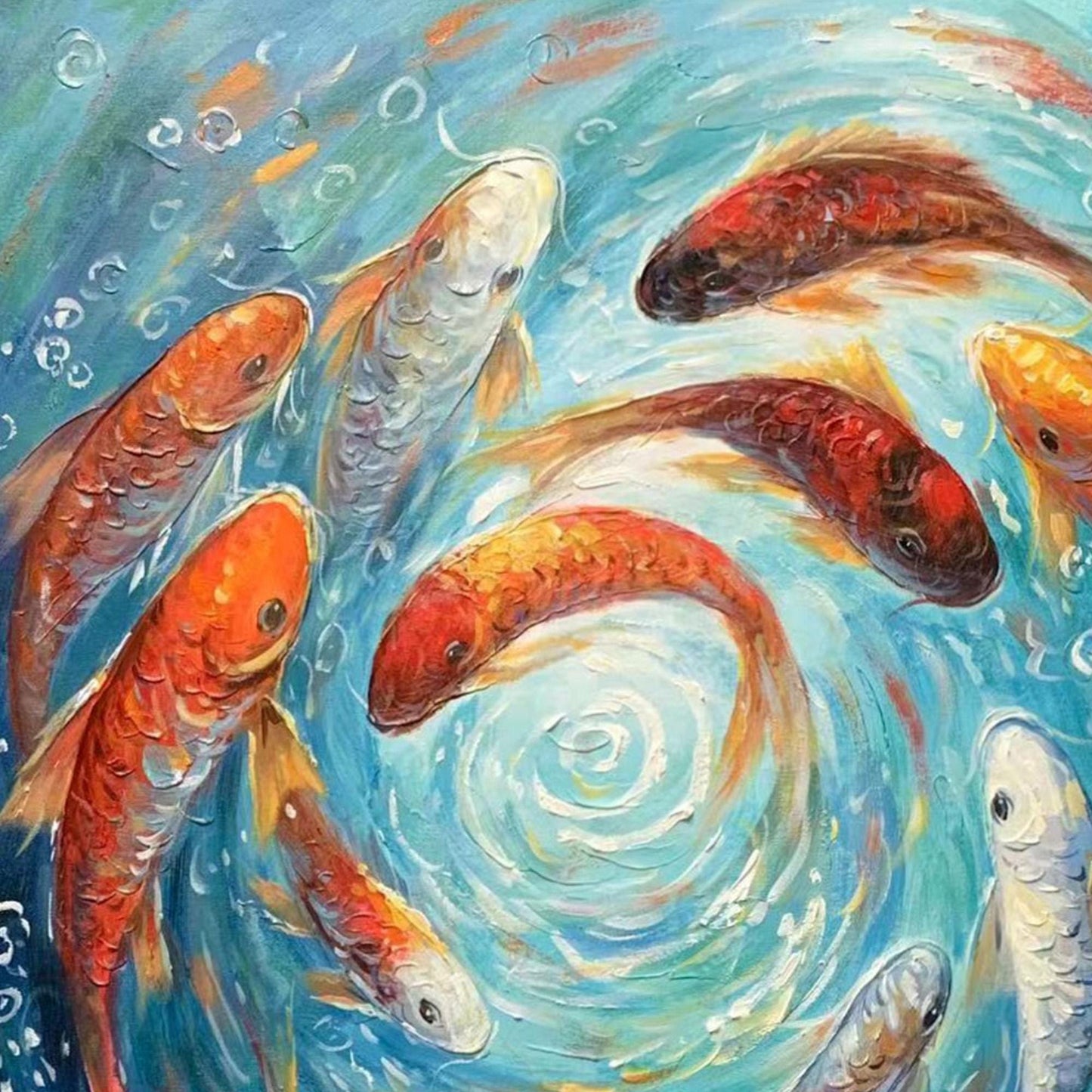 Colorful Abstract Koi Fish Oil Painting – Large Textured Animal Wall Art