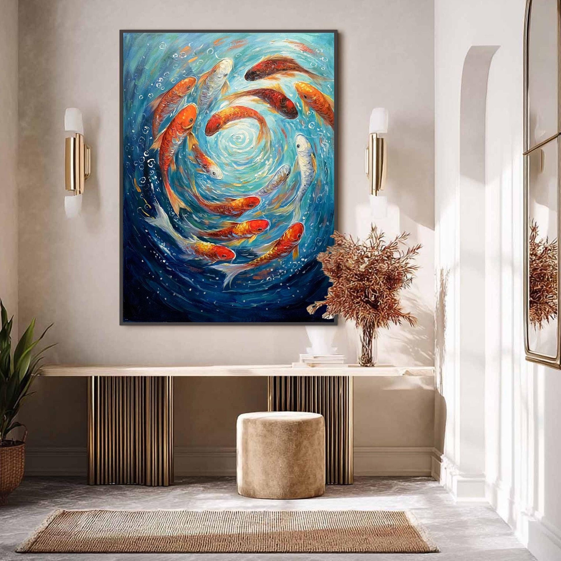 Large – Colorful Koi Fish Animal Wall Art | Abstract Textured Oil Painting, view 3