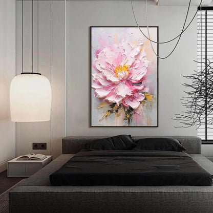 Textured Pink Peony Painting, Heavy Impasto Floral Wall Art