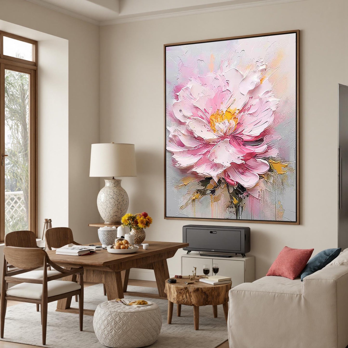 Textured Pink Peony Painting, Heavy Impasto Floral Wall Art, Palette Knife Statement Artwork – Pink and White Peony Floral Wa