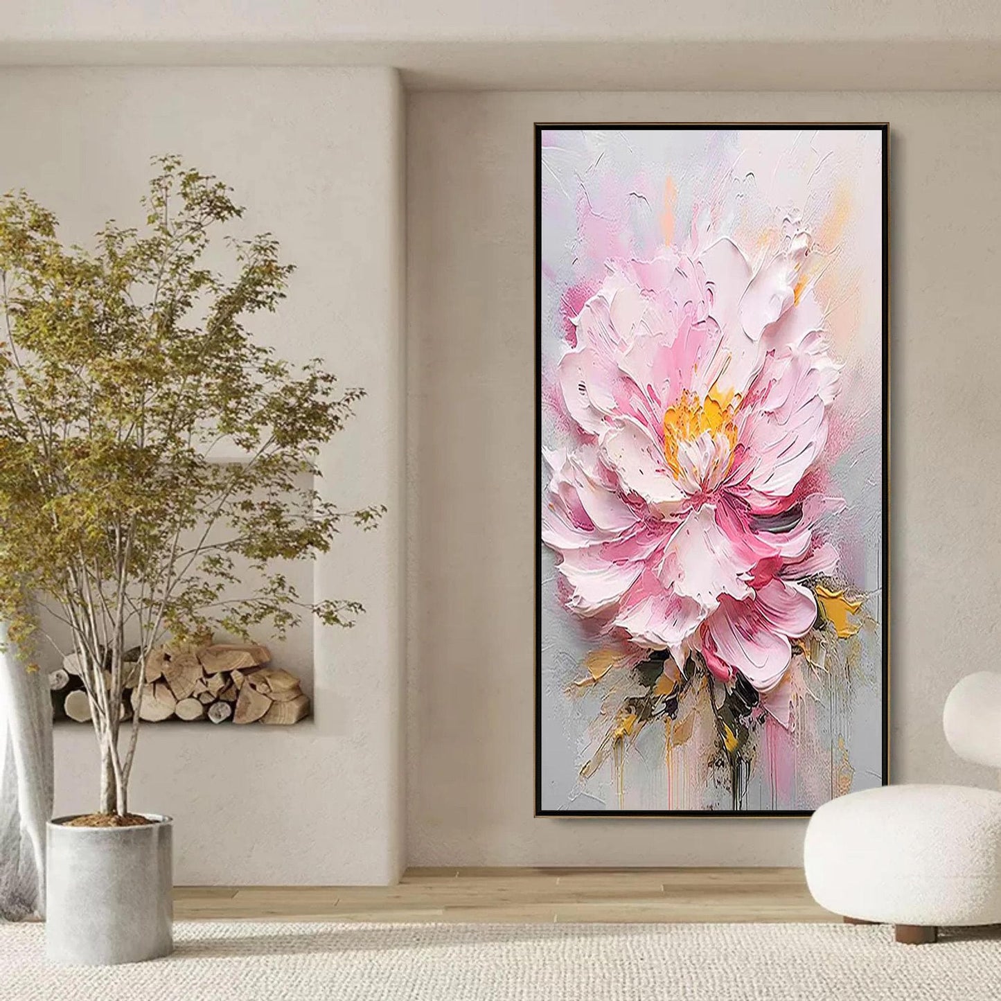 Textured Pink Peony Painting, Heavy Impasto Floral Wall Art