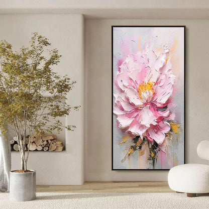 Textured Pink Peony Painting, Heavy Impasto Floral Wall Art