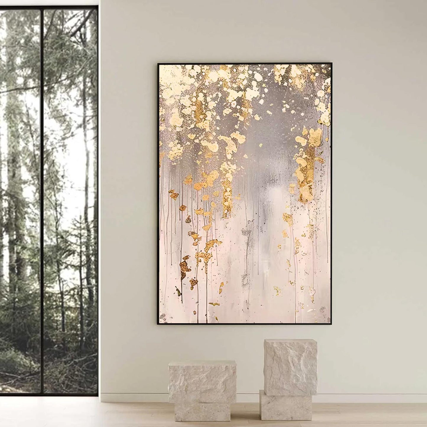 Oversized Gold Leaf – Oversized Gold and Grey Botanical Leaf Wall Art | Wabi-Sabi Textured Hand-Painted Painting, view 1