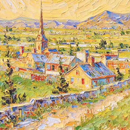 Colorful Impasto Village City Architecture Wall Art – Textured Oil Painting