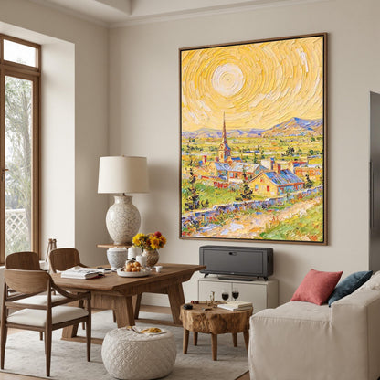 Textured Impasto Oil Painting, Van Gogh Style Village Landscape, Sunny Wall Art – Colorful Village City Architecture Wall Art