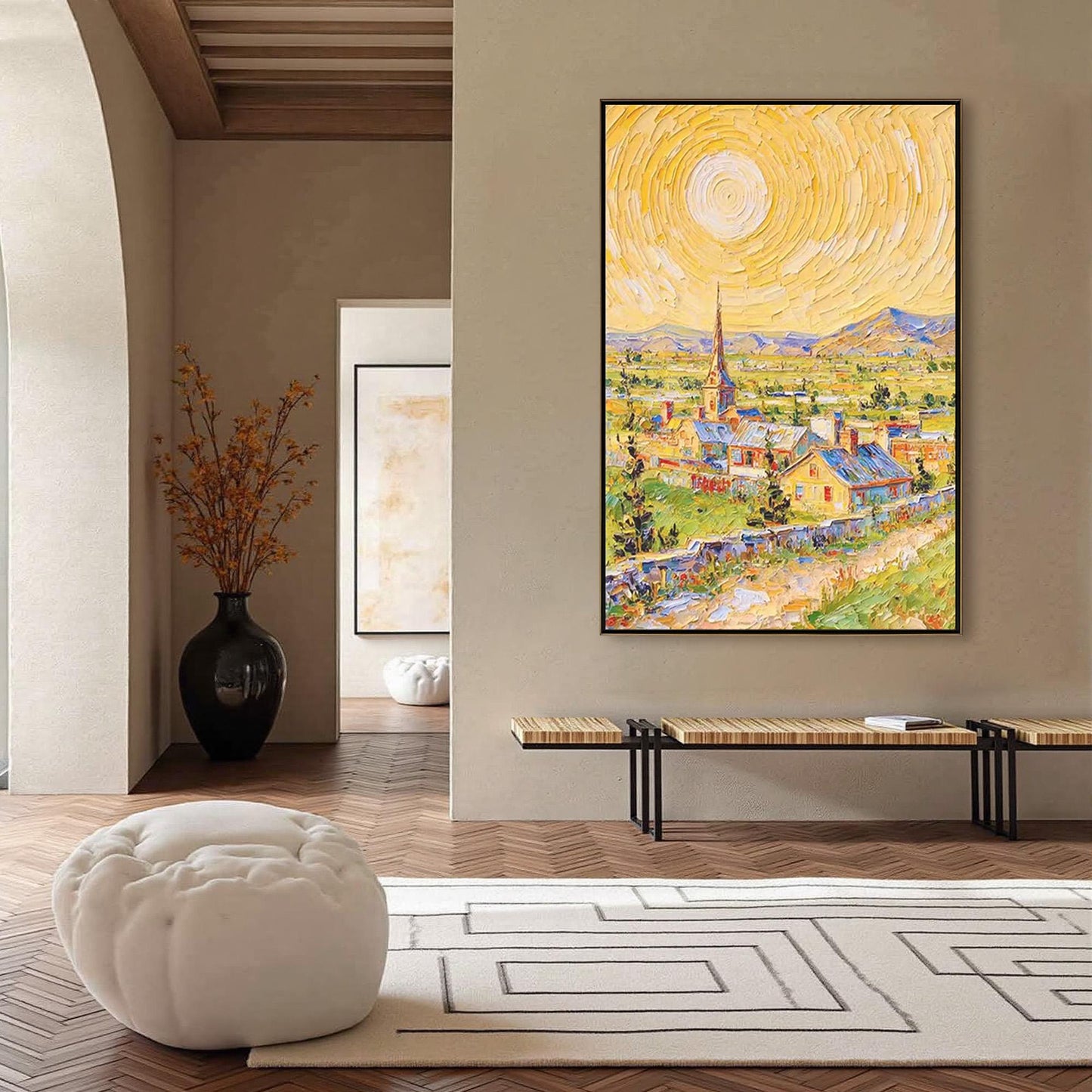 Colorful Impasto Village City Architecture Wall Art – Textured Oil Painting