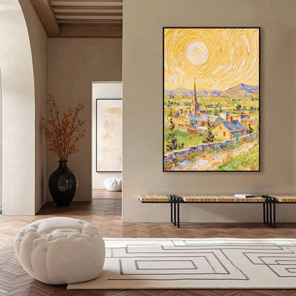 Colorful Impasto Village City Architecture Wall Art – Textured Oil Painting