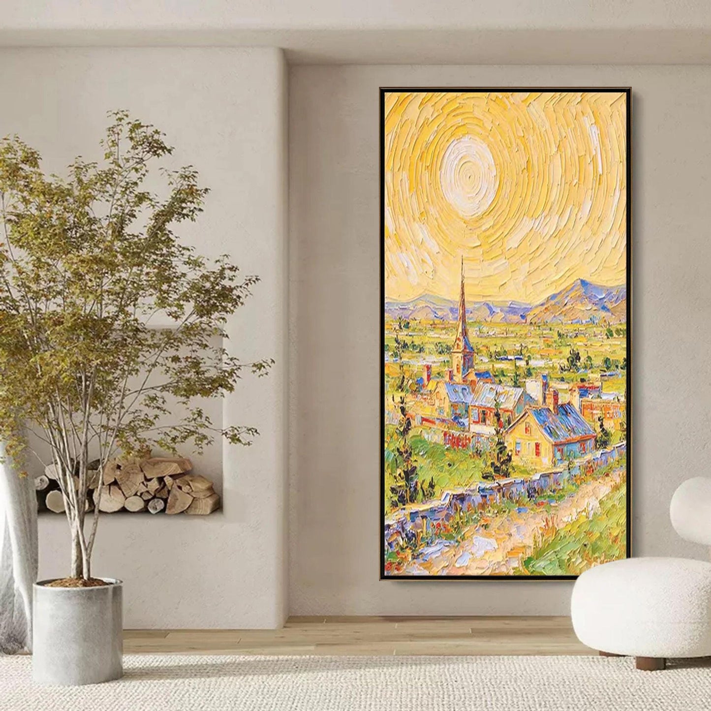 Colorful Impasto Village City Architecture Wall Art – Textured Oil Painting