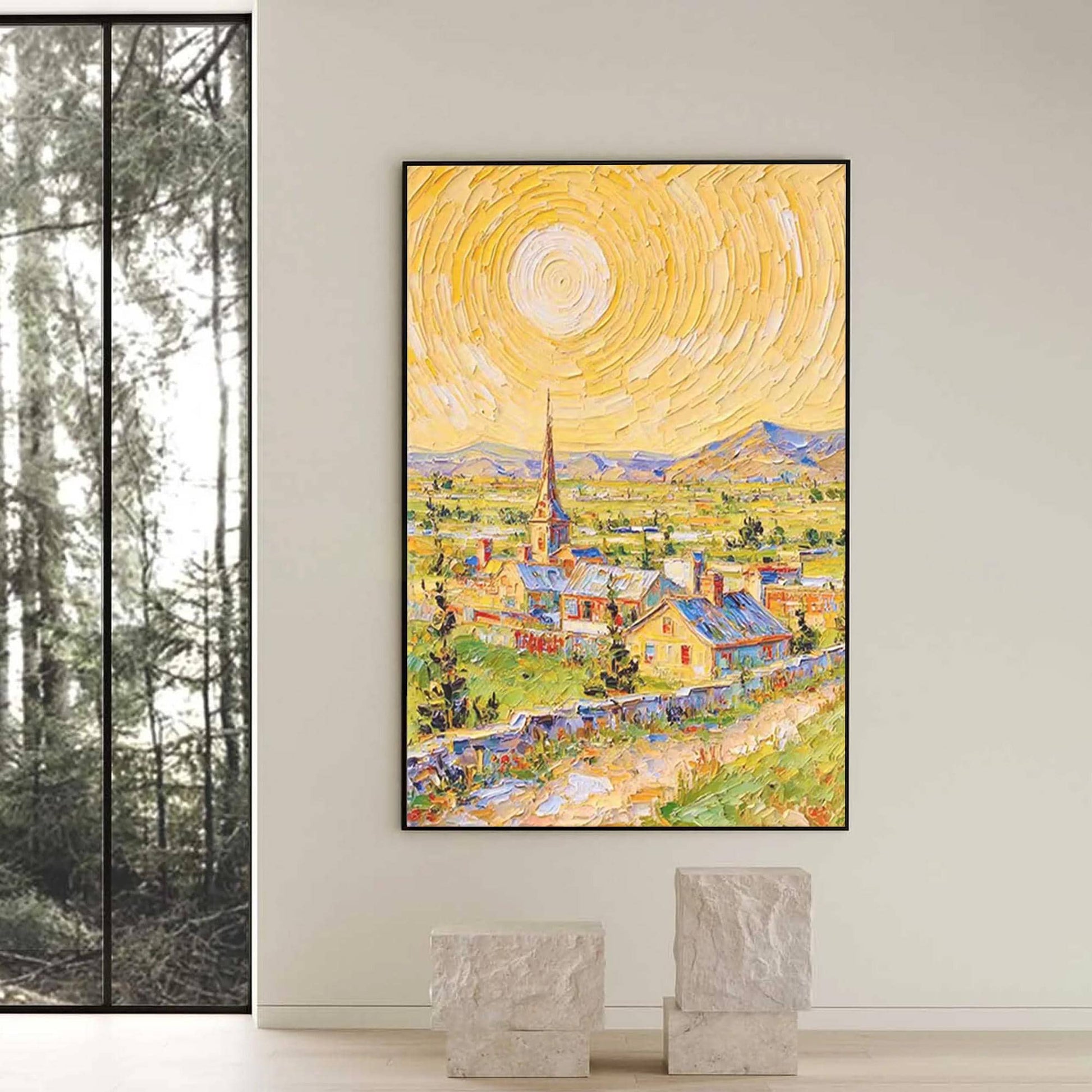 Textured Impasto Oil Painting, Van Gogh Style Village Landscape, Sunny Wall Art – Colorful Village City Architecture Wall Art