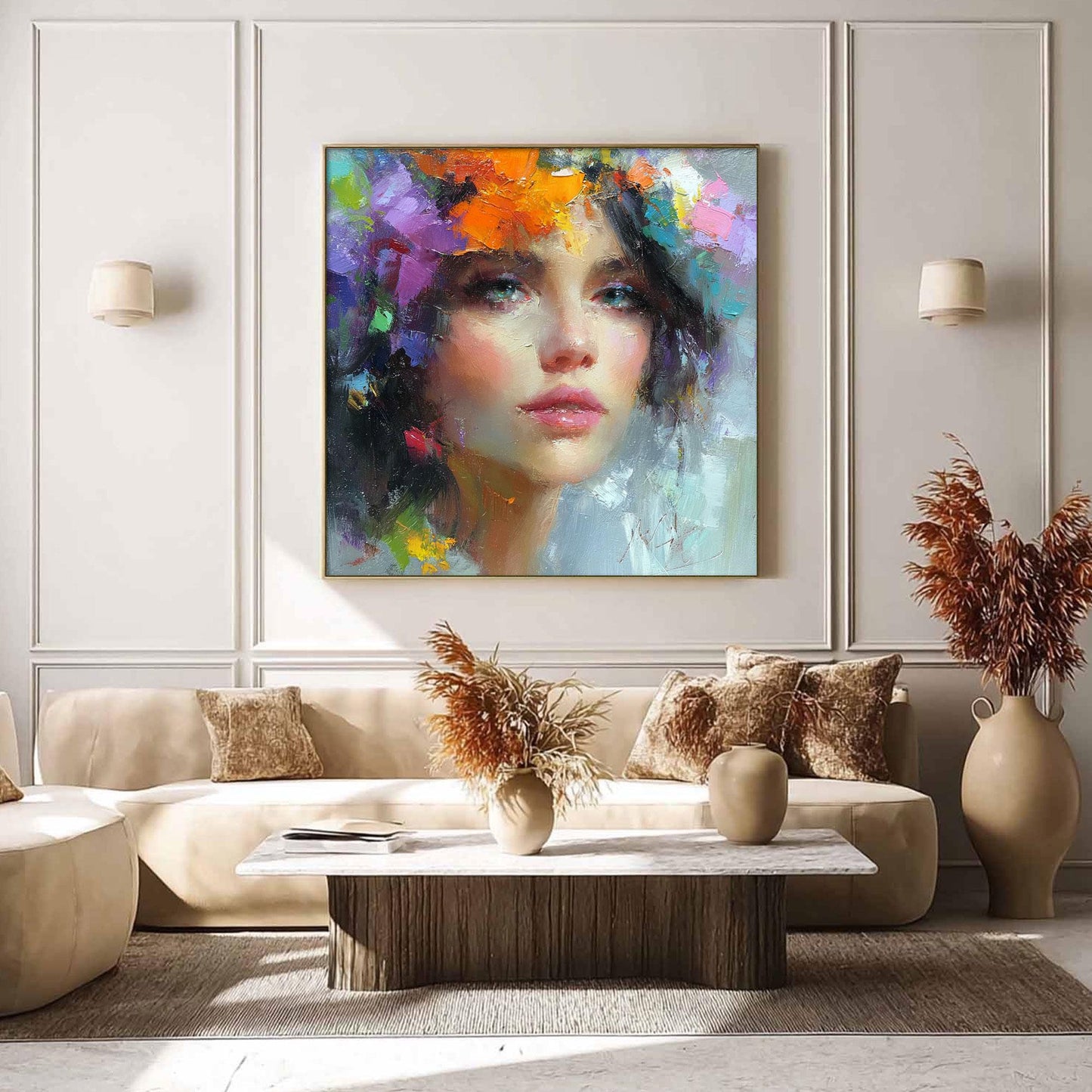 Colorful Abstract Impasto Female Figure Portrait Wall Art