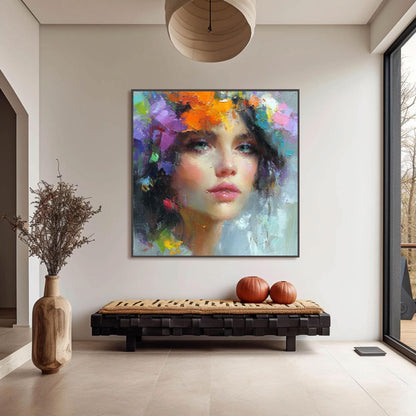Abstract Woman Portrait Painting, Textured Palette Knife Face Art, Feminine Decor – Colorful Female Figure Portrait Wall Art 