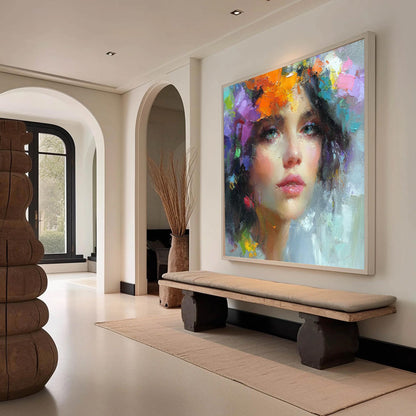 Abstract Woman Portrait Painting, Textured Palette Knife Face Art, Feminine Decor – Colorful Female Figure Portrait Wall Art 