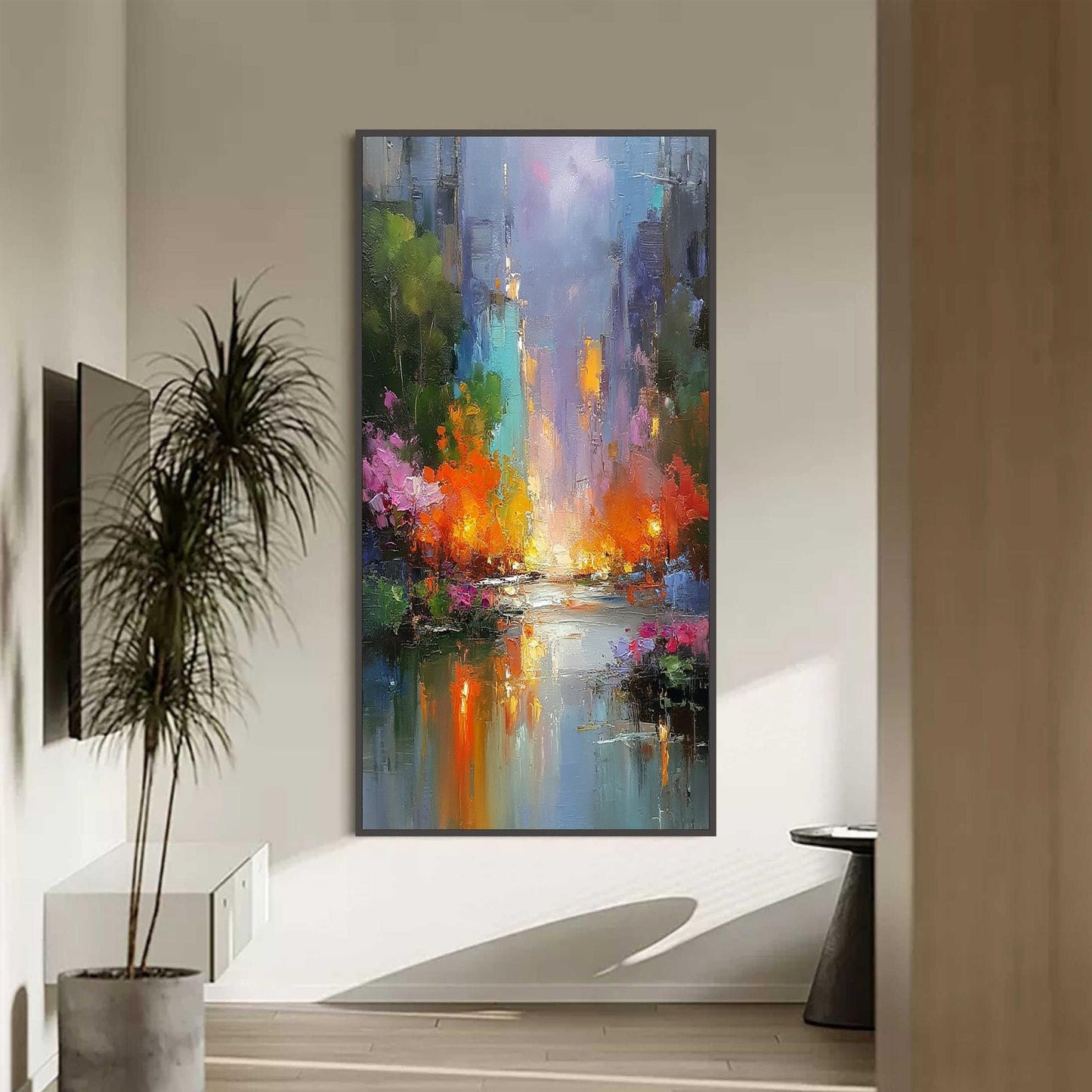 Textured Abstract Cityscape Painting, Palette Knife Urban Landscape Wall Art – Colorful Urban Abstract City Architecture Wall