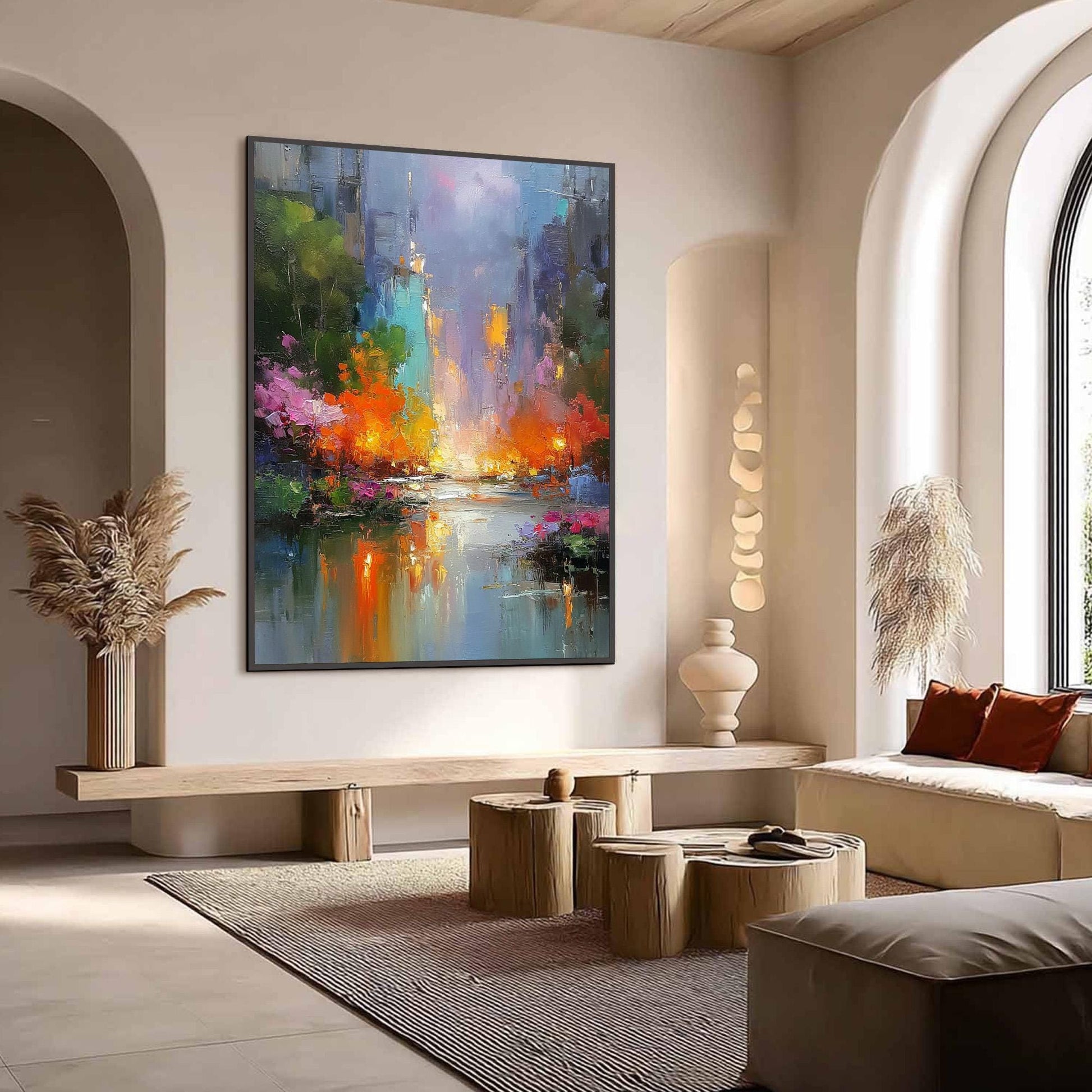 Textured Abstract Cityscape Painting, Palette Knife Urban Landscape Wall Art – Colorful Urban Abstract City Architecture Wall