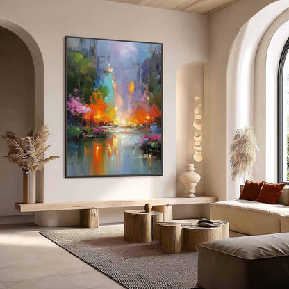 Textured Abstract Cityscape Painting, Palette Knife Urban Landscape Wall Art – Colorful Urban Abstract City Architecture Wall