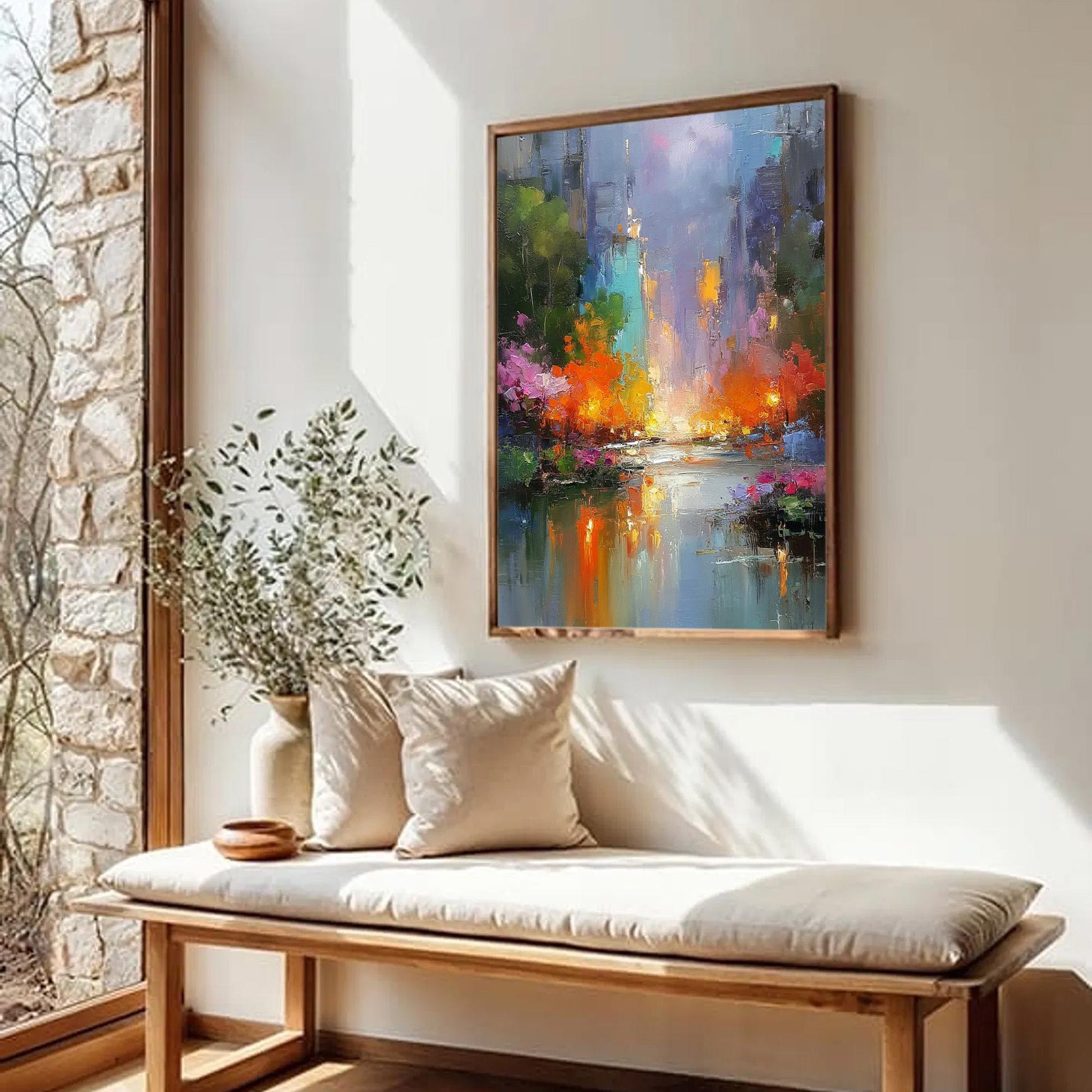 Textured Abstract Cityscape Painting, Palette Knife Urban Landscape Wall Art – Colorful Urban Abstract City Architecture Wall