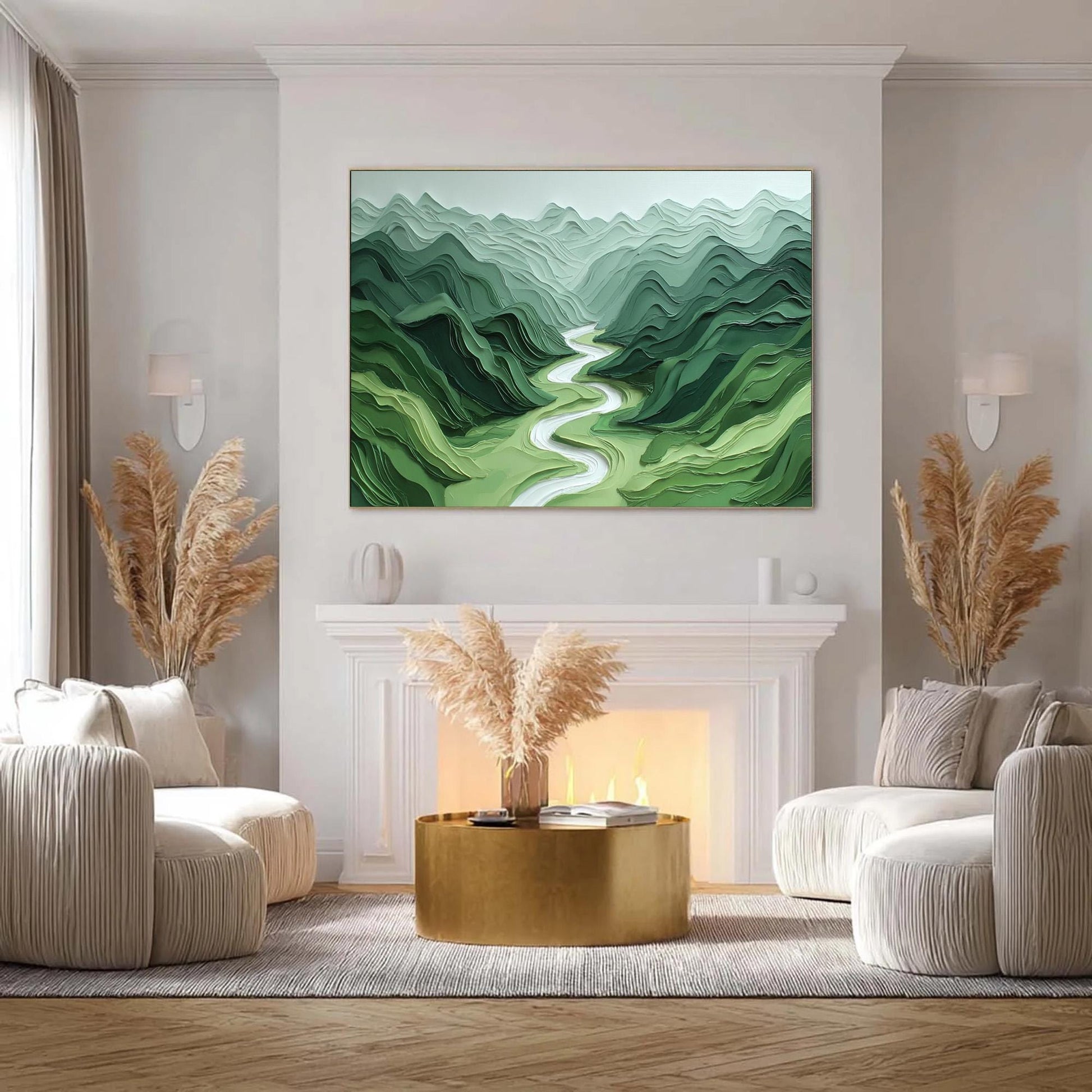 Textured Green Mountain River Landscape Painting, Minimalist Wall Art – Sage and Green River Landscape Wall Art | Minimalist 