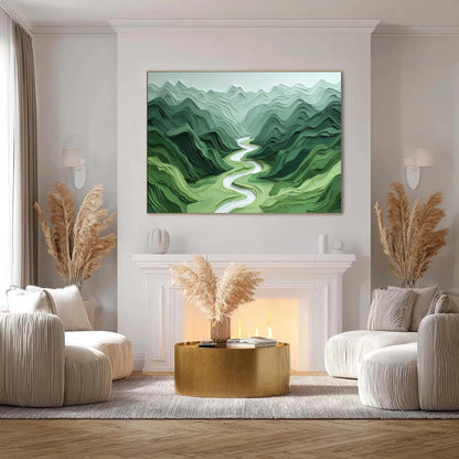 Textured Green Mountain River Landscape Painting, Minimalist Wall Art – Sage and Green River Landscape Wall Art | Minimalist 