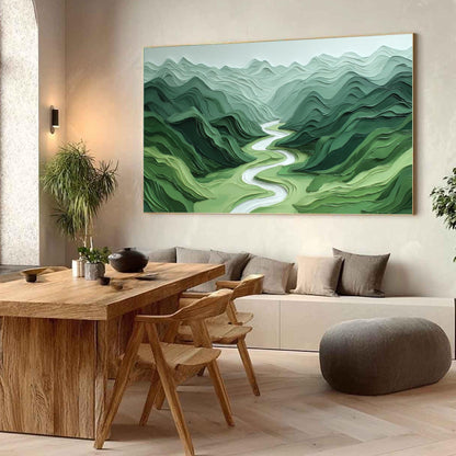 Textured Green Mountain River Landscape Painting, Minimalist Wall Art – Sage and Green River Landscape Wall Art | Minimalist 