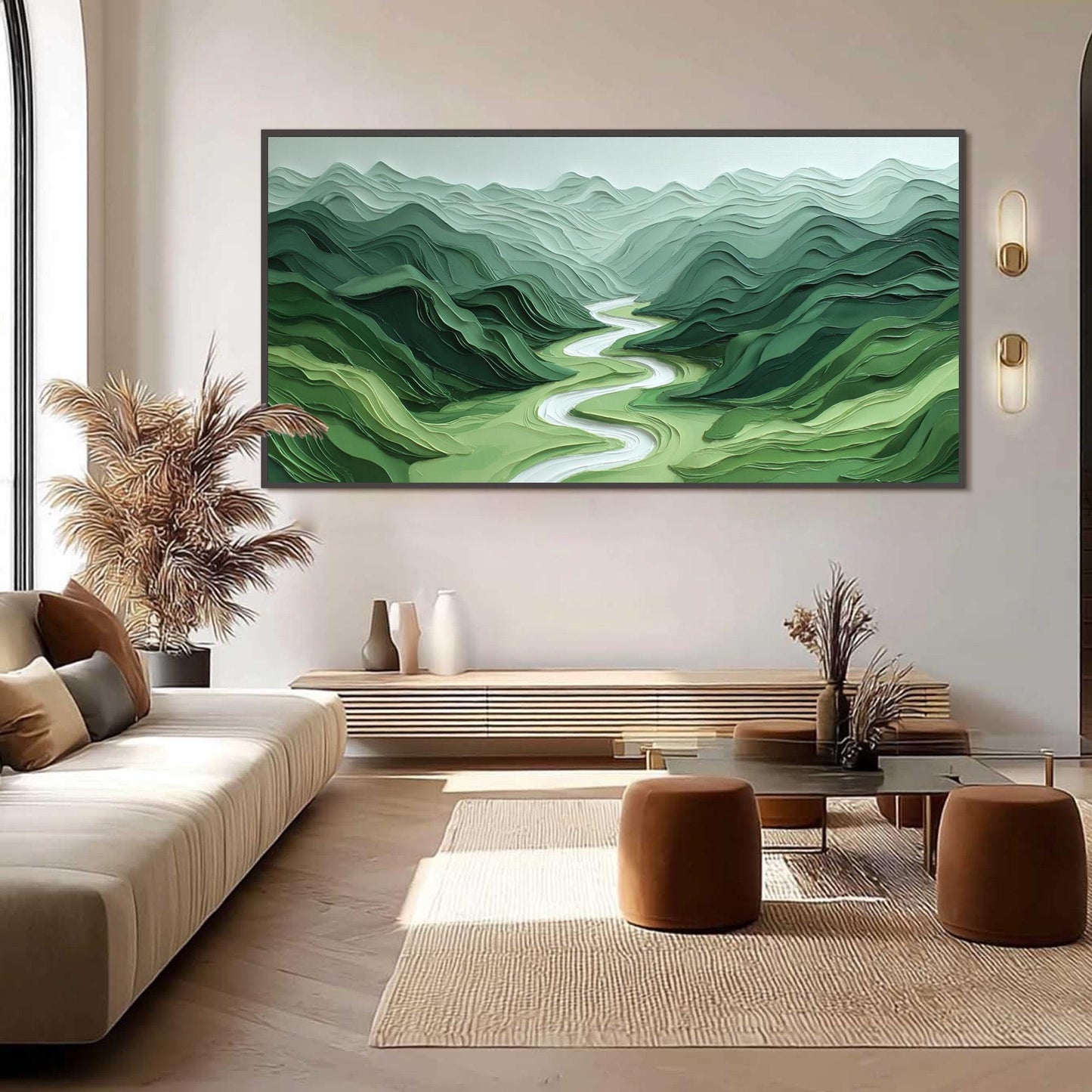 Sage and Green Minimalist Impasto River Landscape Wall Art