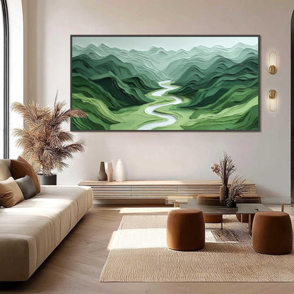 Sage and Green Minimalist Impasto River Landscape Wall Art