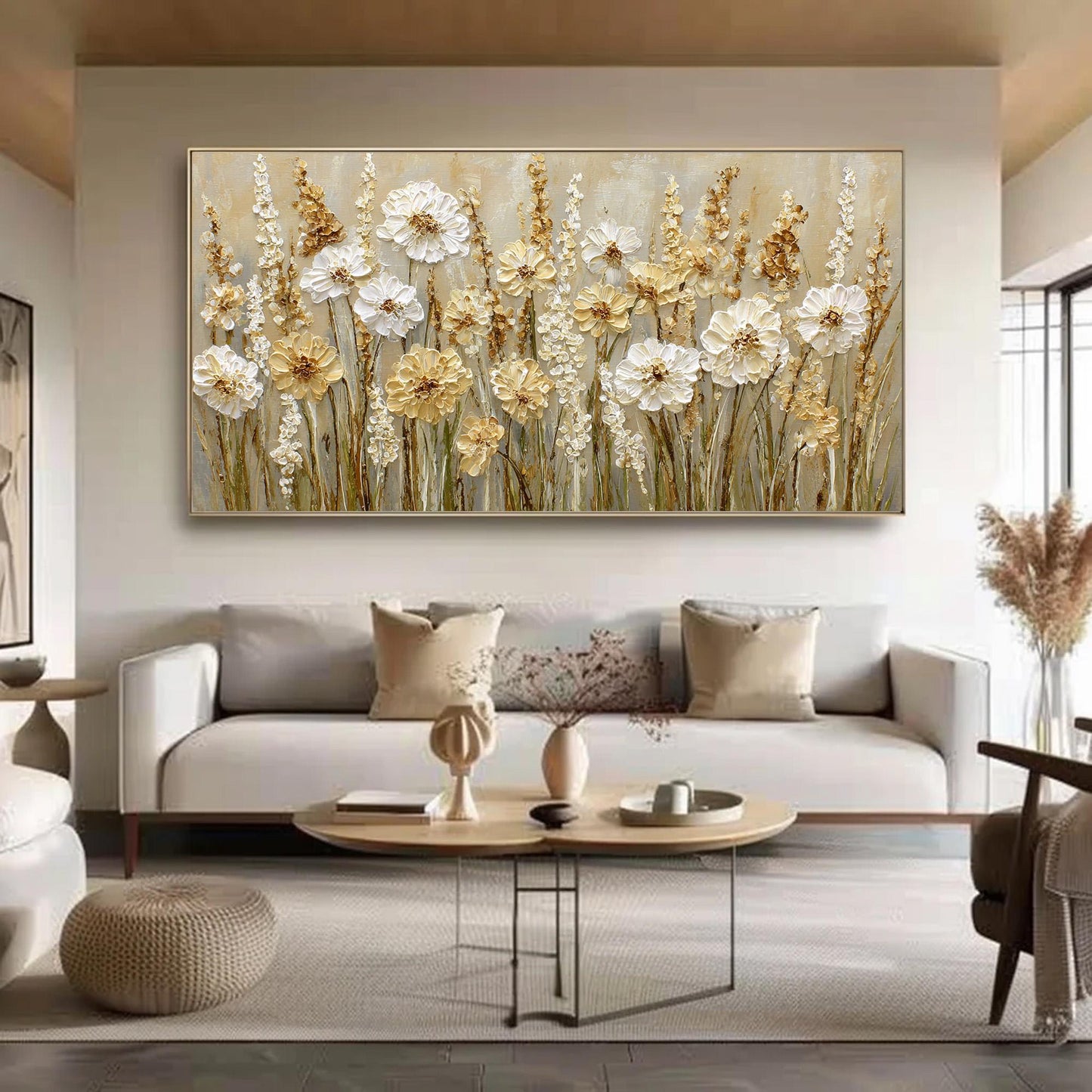 Textured White Flower Oil Painting – Neutral Floral Wall Art