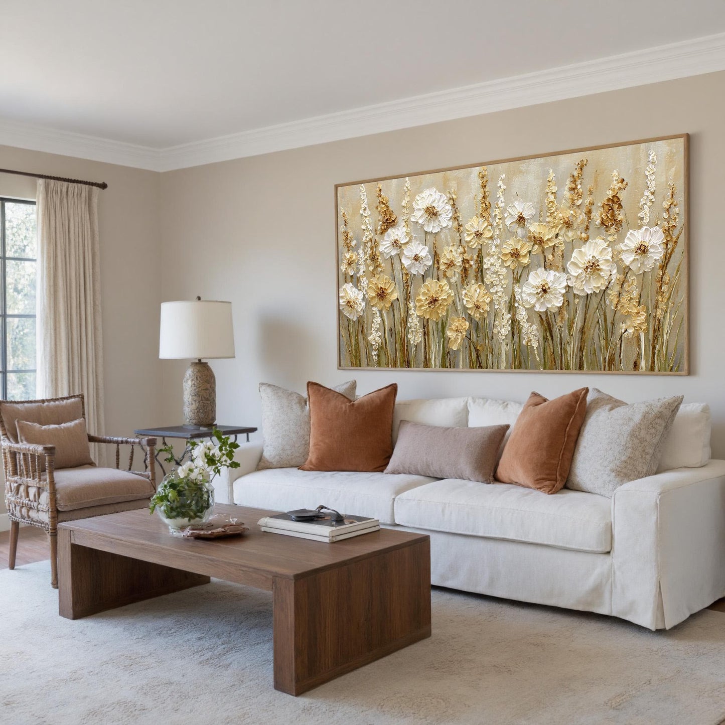 Textured White Flower Oil Painting, Neutral Floral Wall Art, Boho Farmhouse Decor – Gold and White Floral Wall Art | Boho Imp
