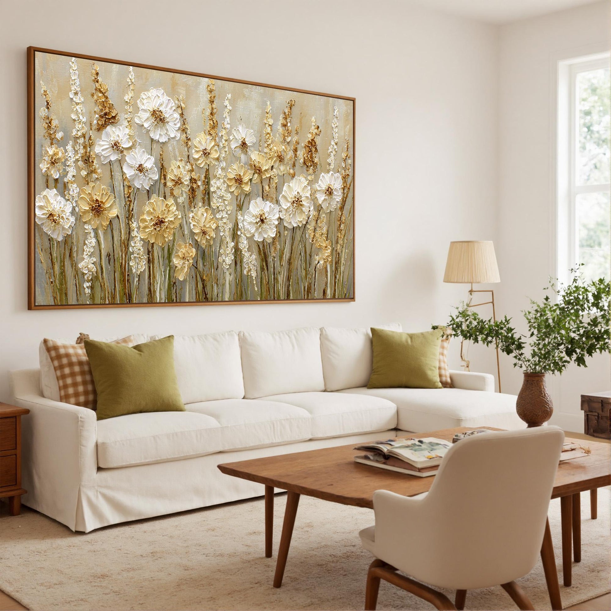 Textured White Flower Oil Painting, Neutral Floral Wall Art, Boho Farmhouse Decor – Gold and White Floral Wall Art | Boho Imp