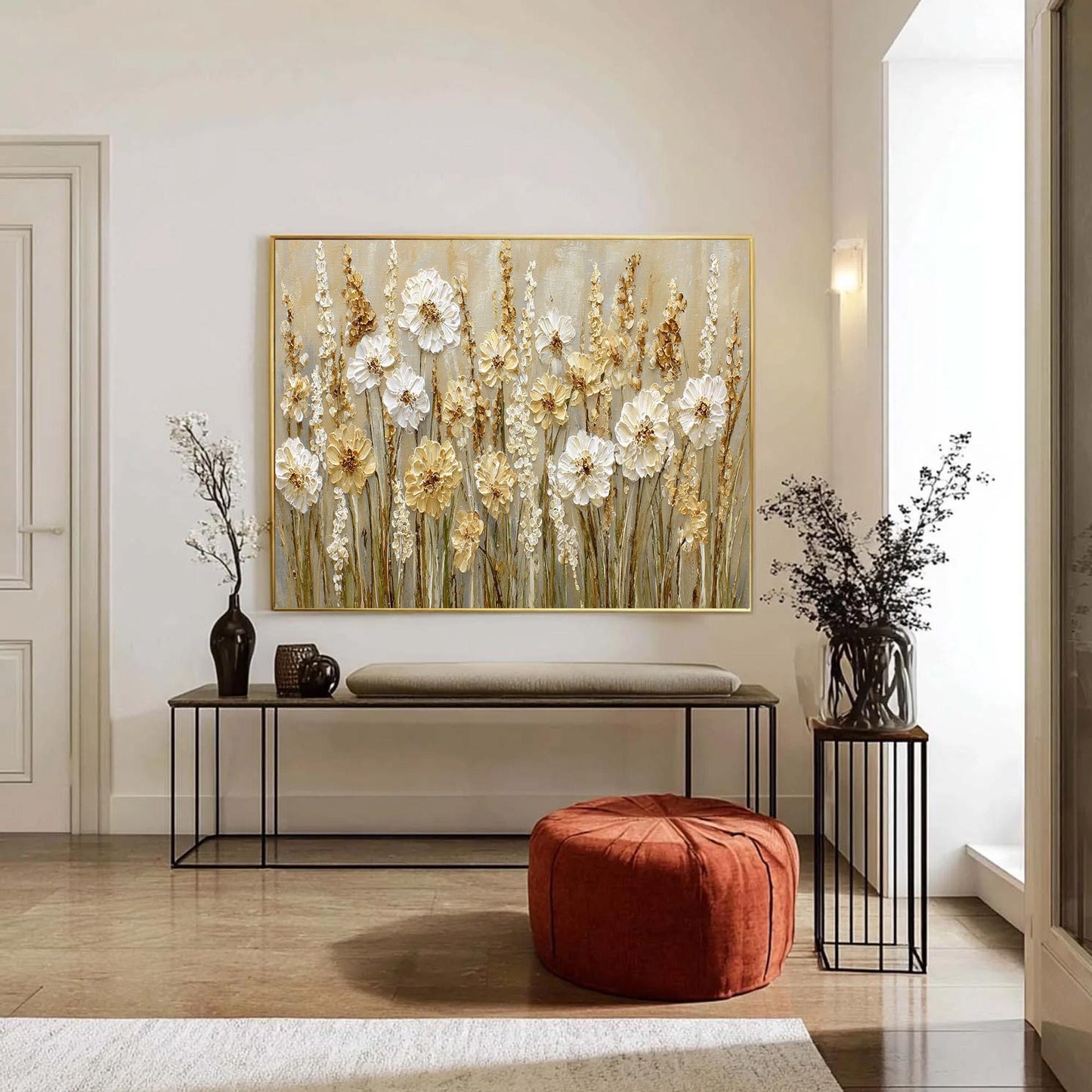 Textured White Flower Oil Painting, Neutral Floral Wall Art, Boho Farmhouse Decor – Gold and White Floral Wall Art | Boho Imp