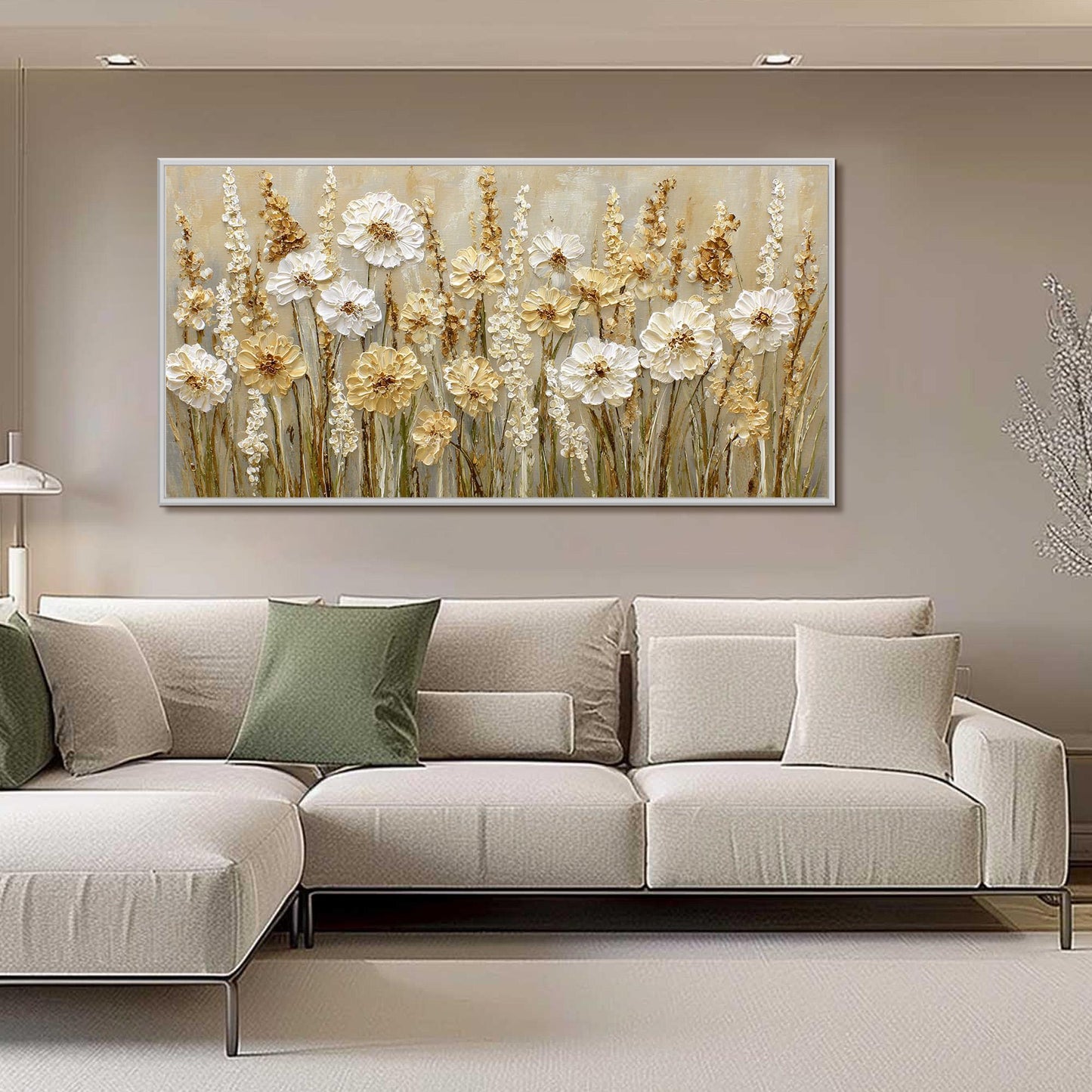 Textured White Flower Oil Painting, Neutral Floral Wall Art, Boho Farmhouse Decor – Gold and White Floral Wall Art | Boho Imp