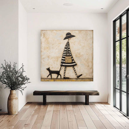 Woman Walking Cat Wall Art Vintage Black Hat Canvas Painting for Whimsical Bedroom Decor