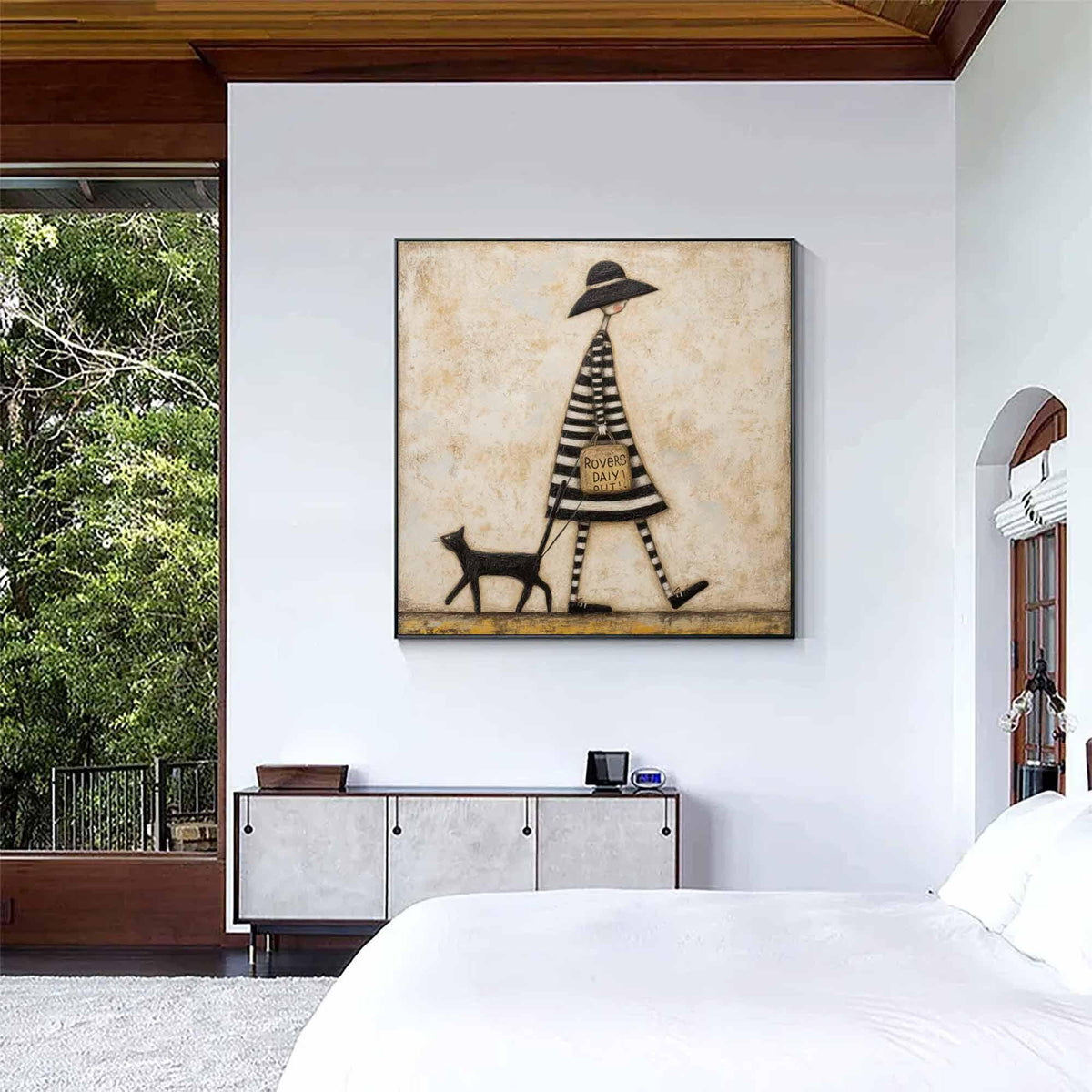 Woman Walking Cat Wall Art Vintage Black Hat Canvas Painting for Whimsical Bedroom Decor